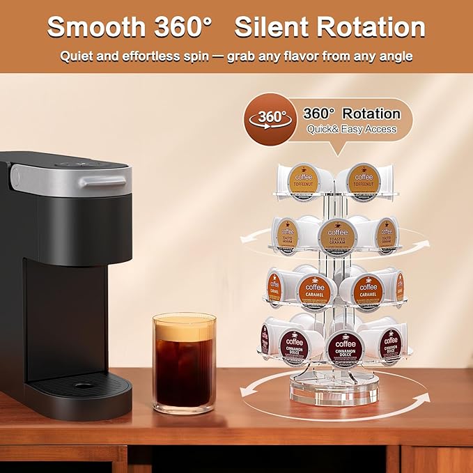 Crystal Clear Acrylic Coffee Pods Holder Carousel Compatible with 30 Nespresso Vertuo Capsules And Keurig K-cup Pods, Space-Saving Coffee Pod Storage Organizer for Small Countertop