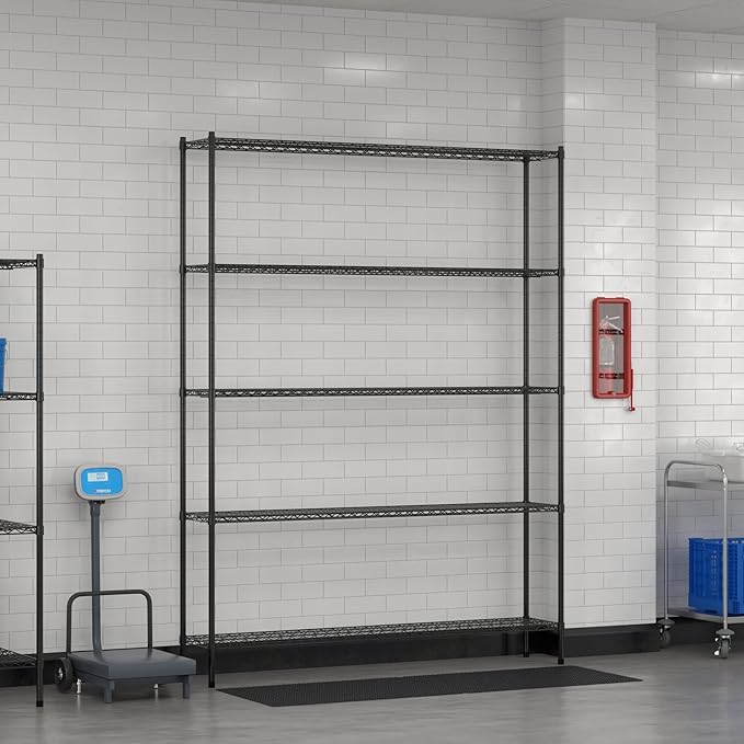 Commercial NSF Listed Black Epoxy Stationary Wire Shelving Kit 14" x 72" x 96", with 5 Shelves Perfect for Warehouse, Walk-in Refrigerator, Freezer, Grocery Store, Restaurant, Dishroom