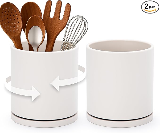 D'vine Dev 360° Rotating Utensil Holder – 5" Kitchen Utensil Crock for Countertop, Modern Cooking Tool Organizer for Kitchen Storage & Décor, Set of 2, Oatmeal, 72-Y-D-1