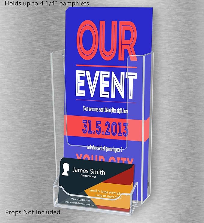 4 Pack Magnetic Brochure Bin for 4 Inch Pamphlets and 3.5" x 2" Contact Cards Metal Surface Mount Menus Maps Clear Plastic Holder for Restaurants Medical Offices and Theme Parks by Marketing Holders