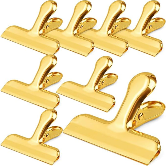 Funfery Gold Chip Clips Bag Clips Large Stainless Steel Clip for Food Storage,Air Tight Seal Chip Bag Clip 3 Inch Strong Food Clipp for Snack,Chips,Kitchen Decor,Home&Office Paper Heavy Duty-8 Pack
