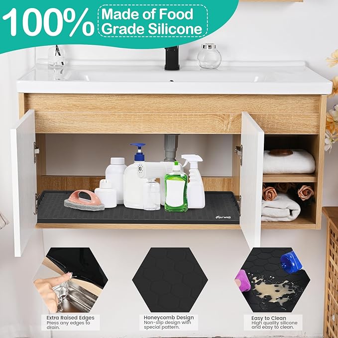 FORWOS Waterproof Under Sink Mat 31" x 22", Silicone Cabinet Liner, Rubber Protector for Kitchen and Bathroom, Keeps Cabinets Clean, Dry, and Organized (Black)