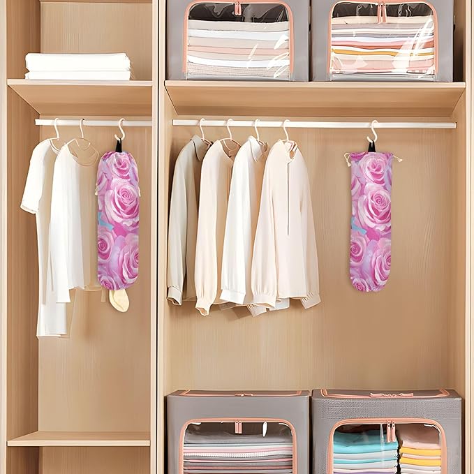 Plastic Bag Holder Wall Mount Grocery Bag Shopping Bag Storage Holder Organizer Dispenser with Adhesive Hook,for Kitchen Bathroom Home Decor 9x22 Inches Watercolor Roses Pink29
