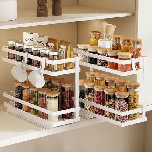 Pull Out Spice Rack Organizer for Cabinet, 2 Pack Metal Seasoning Organizer Slide Out Spice Storage Shelf No Assembly Vertical Spice Rack Pullout for Kitchen & Bahthroom No Drill(2 Tier,White)