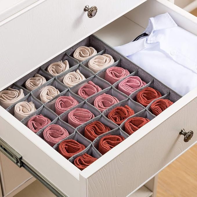 Qozary 2 Pack Socks Underwear Drawer Organizer Divider, 24 Cell or 16 Cell Collapsible Cabinet Closet Organizer Storage Boxes for Clothes, Socks, Lingerie, Underwear, Ties
