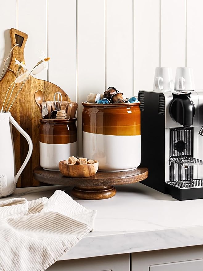 LE TAUCI Kitchen Utensil Holder, 7.2“&5.4” Ceramic Utensil Crock for Countertop, Rustic Modern Farmhouse Decor, Large Heavy Spatula Organizer, Vintage Two-Tone Glossy Glaze, Set of 2, Brown & White