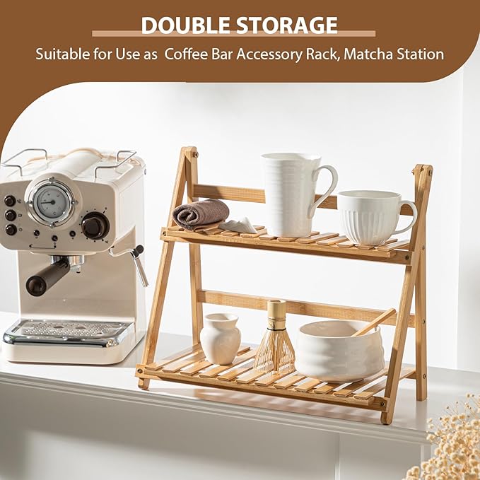 Matcha Station Shelf,15.7'' Coffee Station Organizer, 2 Tiers Bamboo Mug Holder Countertop,Desktop Flower Pot Rack for Home Living Room Window Sill Foldable Display Storage Shelf(Wood)