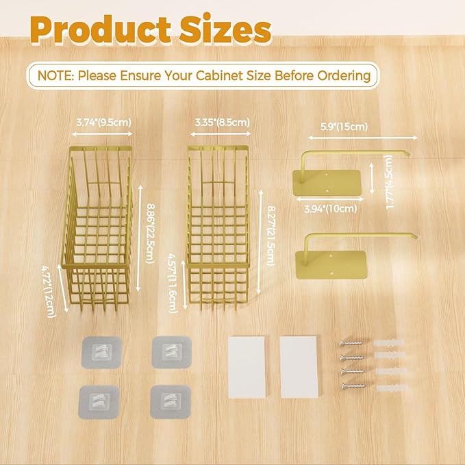 4 Pack Adhesive Cabinet Door Organizer - Tumbler Lid Organizer & Kitchen Storage baskets for Kitchen, Bathroom, Inside Cabinet Door Storage for Cup Lids, Spices, Small Supplies, Space-Saving (Gold)
