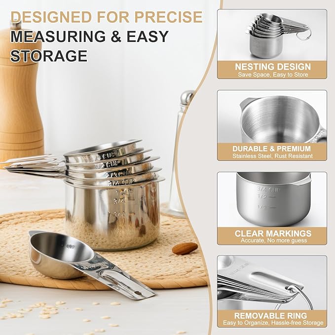 Stainless Steel Measuring Cups & Spoons Set, EWFEN Kitchen Tools Nesting Measuring Cups and Spoons, Set of 15 with Leveler