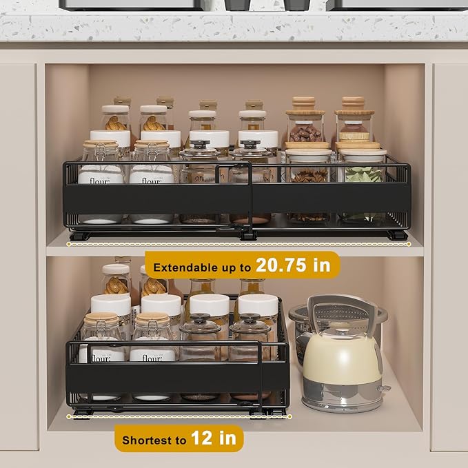 REALINN 2 Pack Pull Out Cabinet Organizer, Expandable(12"-20") Slide Out Drawers 3 Slide Rails Fix with Adhesive or Screw, Roll Out Shelves for Kitchen Cabinet Organization, Black, 12cm height