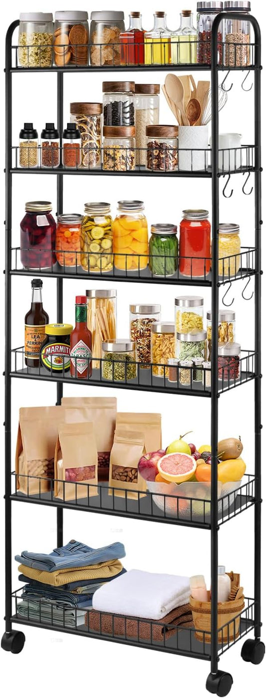 6-Tier Ultra Slim Rolling Storage Cart with Wheels, Narrow Metal Organizer Shelf Unit for Kitchen, Bathroom, Laundry, Office – Black, 6" Wide