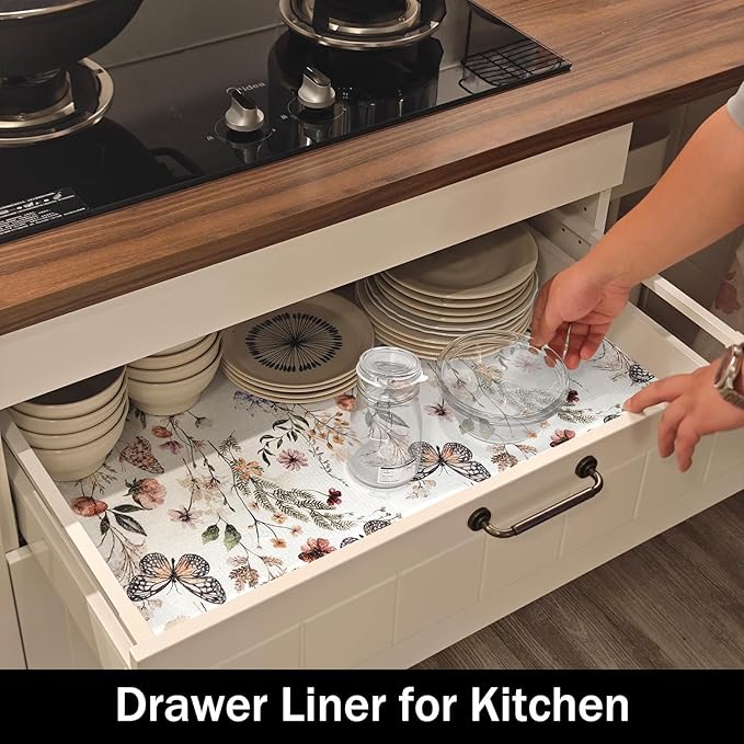 Amiitay Floral Shelf Liners Non Adhesive 16IN x 20FT and Strong Non-Slip Shelf and Drawer Liners for Kitchen Cabinet Wire Fridge, Waterproof Shelf Drawer Liner,Easy to Clean,Butterfly