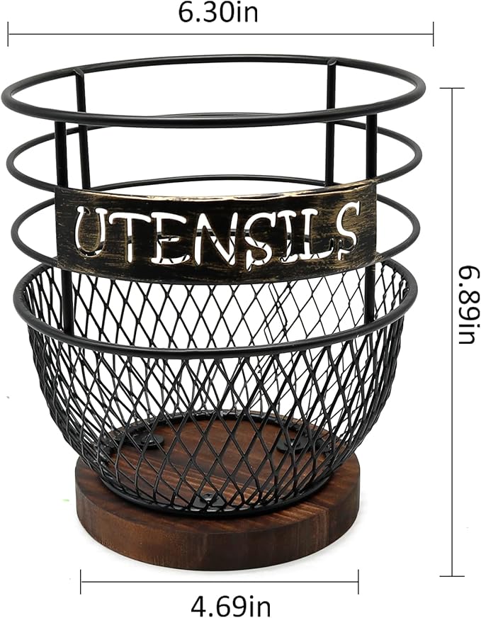 SODSAI Large Utensils Holder in Sleek Matte Black with Rustic Wooden Base for Modern Kitchens - Spacious, Rustproof Organizer for Cooking Utensils, Countertop Essentials & More