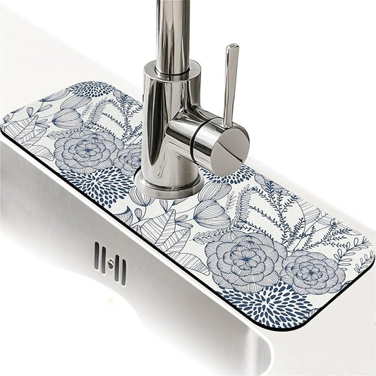 Kitchen Sink Splash Guard，Navy blue flower Faucet Mat Sink Gadgets-Super Absorbent Fast Drying Mat Drip Catcher for Kitchen, Bathroom,Sink Mat, Dish Drying Mat, Bathroom(15" X 5.5" )