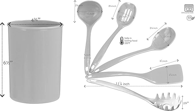 Reston Lloyd 6 Piece Kitchen Utensil Holder for kitchen counter, Utensils crock with Heat Resistant Spoon, Slotted Spoon, Ladle, Spatula BPA Free, Plum