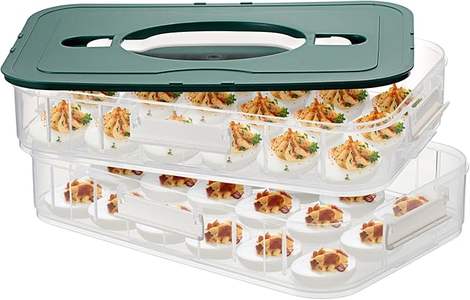 BTSKY Deviled Egg Platter with Lid, 2-Layer 36 Slots Deviled Eggs Carrier, Clear Portable Eggs Holder for Fridge Reusable Deviled Egg Tray Carton Box for Easter and Party Favor (2-Layer, Green)