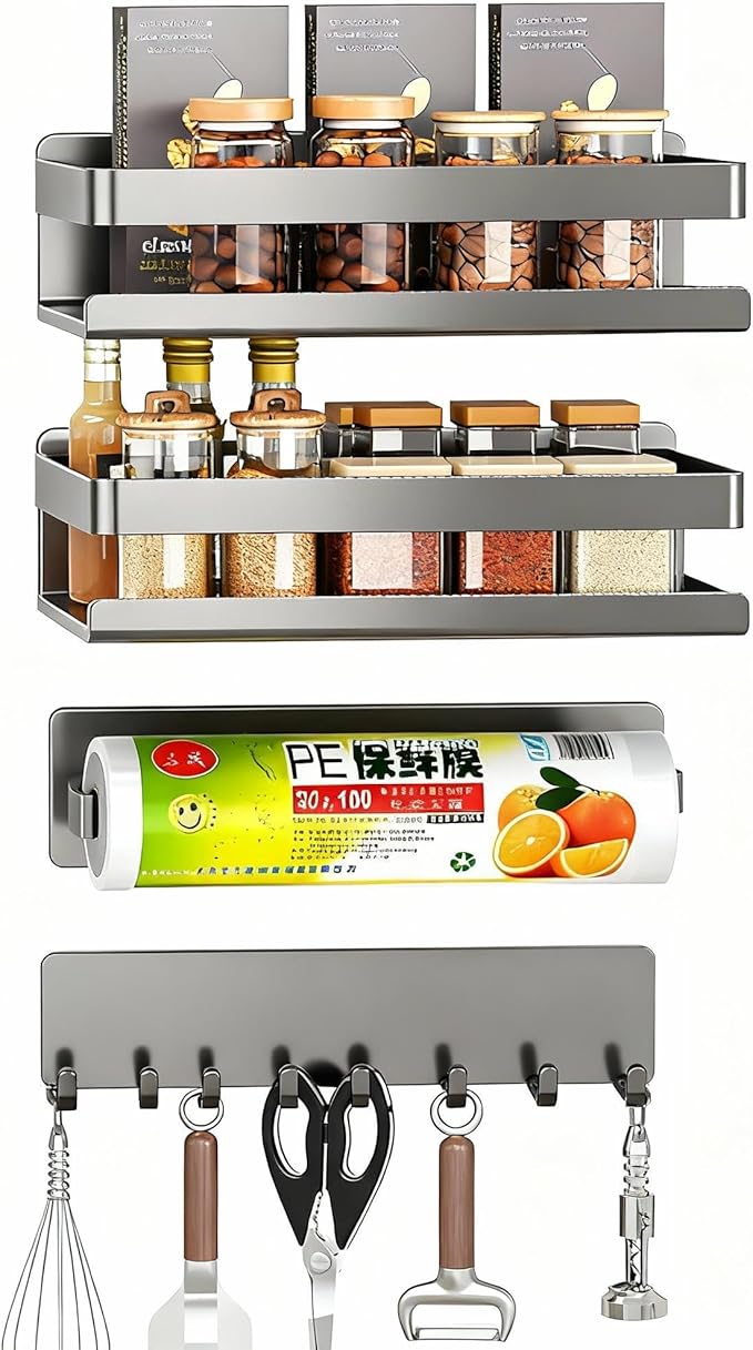 4 Pack Magnetic Shelf Include Magnetic Spice Rack for Refrigerator,Magnetic Paper Towel Holder,Magnetic Hooks,refrigerator side rack Space-saving design,Small Space Organization
