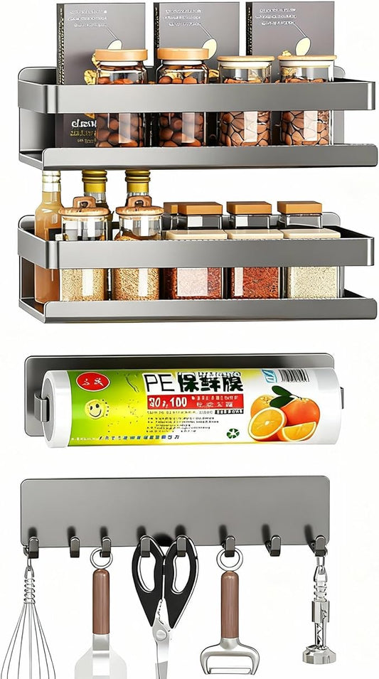 4 Pack Magnetic Shelf Include Magnetic Spice Rack for Refrigerator,Magnetic Paper Towel Holder,Magnetic Hooks,refrigerator side rack Space-saving design,Small Space Organization