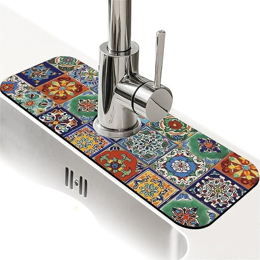 Kitchen Sink Splash Guard，Colorful Mexican tile Faucet Mat Sink Gadgets-Super Absorbent Fast Drying Mat Drip Catcher for Kitchen, Bathroom,Sink Mat, Dish Drying Mat, Bathroom(15" X 5.5" )