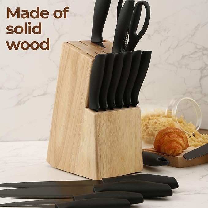 Kitchen knife holder elegant & sturdy (15 slots). Universal knife block with slots for knives, scissor and sharpenner. Knife Block without Knives. Kitchen knife holders for counter top. (Pine)