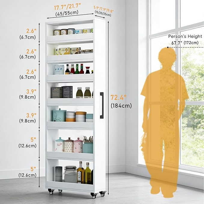 Slim Rolling Storage Cart, Narrow Kitchen Storage Rack with Wheels, Tall Gap Organizer Shelf for Small Spaces, 7-Tier Movable Food Cabinet for Refrigerator Side
