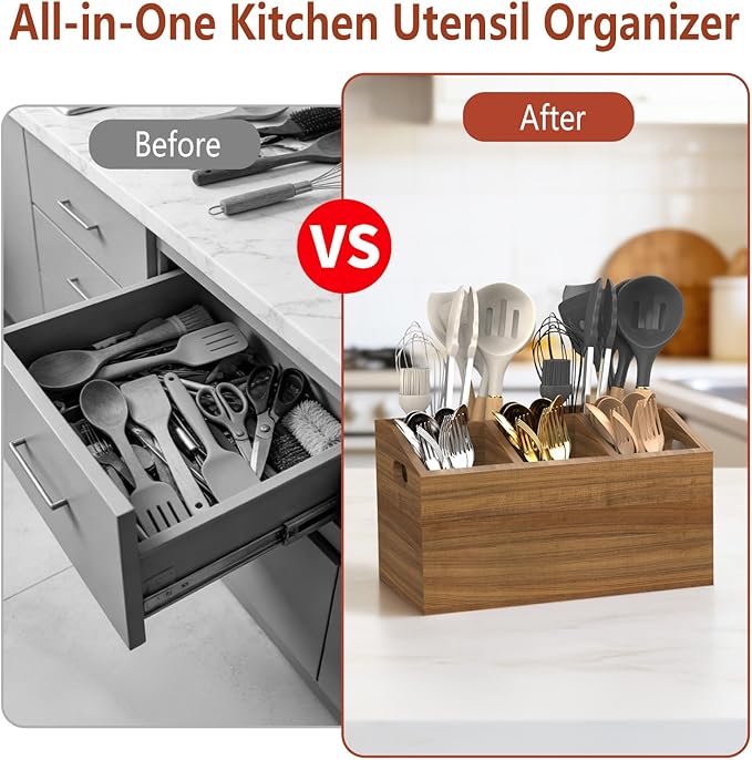 Wooden Kitchen Utensil Holder for Countertop or Wall, Extra Large Acacia Wood Utensil Holder Organizer with 5 Compartments, Rustic Utensil Caddy for Cooking Tools & Silverware