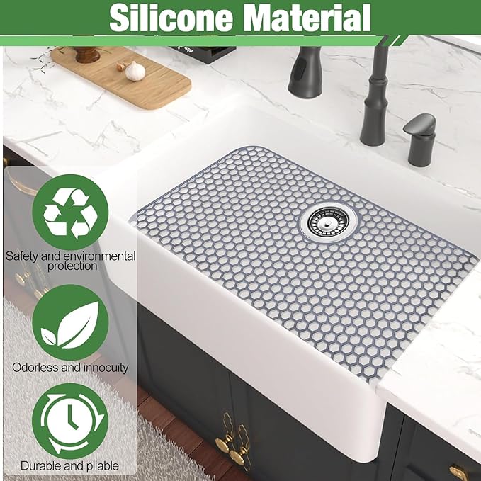 Inchoco Sink Protectors Mat - 25.79"x13.98" Kitchen Sink Pad for Bottom of Basin for Protection of Stainless Steel and Tableware, Farmhouse Rubber Basin Mat Protector with Rear Drain - Light Gray