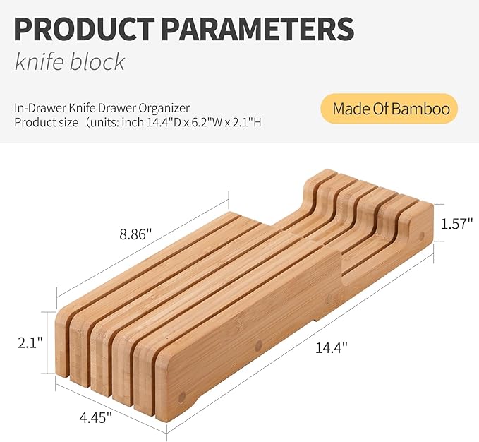 Bamboo Knife Block and In-Drawer Storage, Display Stand and Organizer, In-Drawer Knife Drawer Organizer(Knives Not Included)