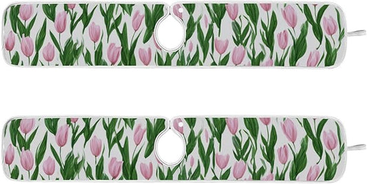 2 PCS Kitchen Sink Splash Guard 30 Inch Faucet Mat for Kitchen Sink Bathroom Sink Faucet Absorbing Drip Drain Mat Pad Microfiber Soft Washable Small Tulips Pink