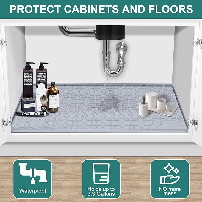 CANIVI Under Sink Mat, 34" x 19" Waterproof Silicone Under Sink Tray for Kitchen & Laundry Cabinets, Kitchen Cabinet Shelf Protector, Up to 3.3 Gallons Liquid, Fits 36 inch Standard Cabinet Light Grey