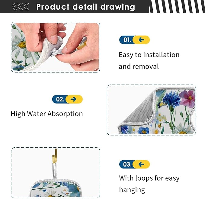 2 PCS Kitchen Sink Splash Guard 14.9 Inch Faucet Mat for Kitchen Sink Bathroom Sink Faucet Absorbing Drip Drain Mat Pad Microfiber Soft Washable Watercolor Blue Cornflower Daisy Butterflies