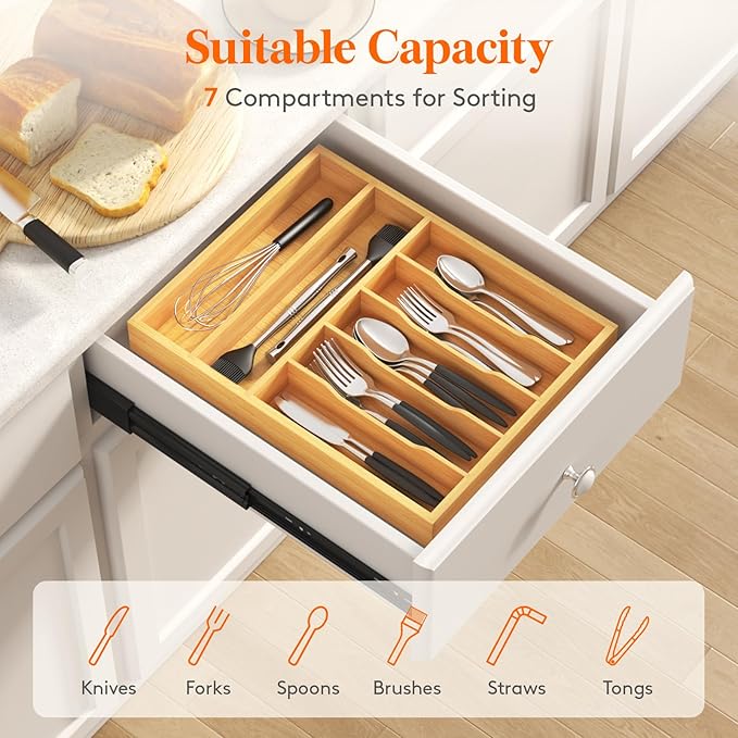 Lifewit Silverware Drawer Organizer, Utensil Tray for Kitchen, 7 Slot Bamboo Flatware and Cutlery Holder, Wood Storage for Spoons Forks Knives, 12.9 x 16.5 Inches, Natural