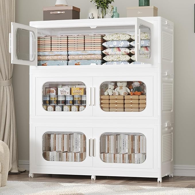 QAVABIN 150GAL Extra Large Storage Bins with Lid, 600QT Storage Bins with Wheels, Folding Closet Organizer, Stackable Collapsible Plastic Storage Containers for Home, Office, Kitchen, 3Pack White