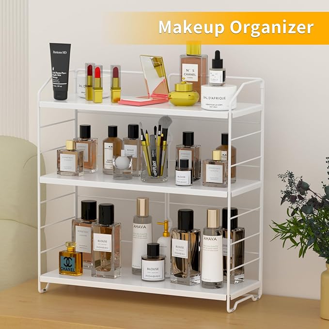 Bathroom Countertop Organizer, 3-Tier Bathroom Counter Organizer, 8-Levels Height Adjustable, Bathroom Organizer for Kitchen, Livingroom, Office Storage, Metal White