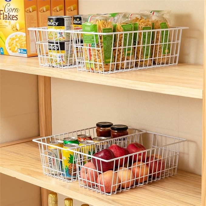 blitzlabs Wire Storage Basket Freezer Organizer Bins Food Storage Metal Baskets with Handles Pantry Organizer for Kitchen Freezer Cabinets Closet Bedroom Bathroom,Set of 4,White