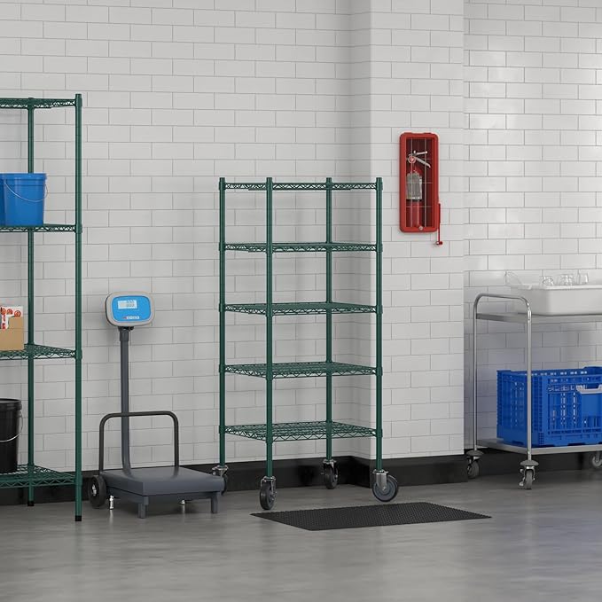 Commercial NSF Listed Green Epoxy Mobile Wire Shelving Kit 21" x 24" x 60", with 5 Shelves Perfect for Warehouse, Walk-in Refrigerator, Freezer, Grocery Store, Restaurant, Dishroom
