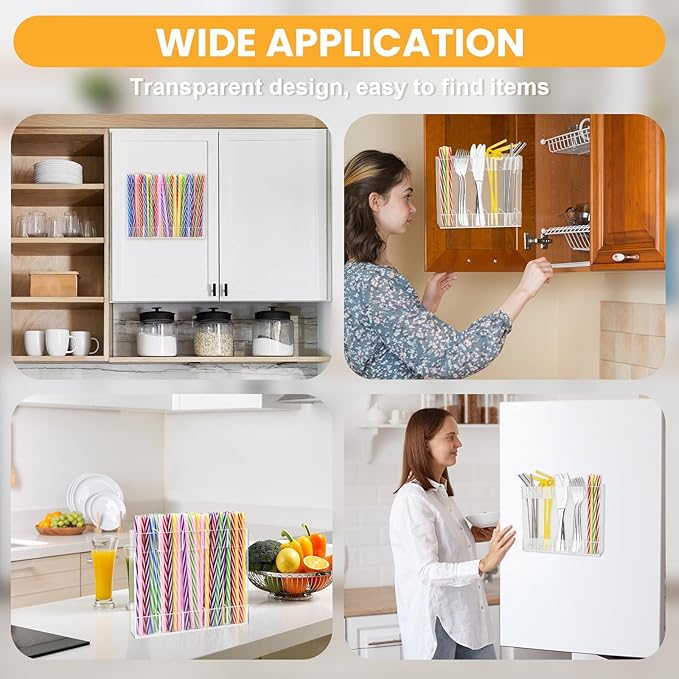 Acrylic Straw Holder for Cabinet Door - Clear Magnetic Straws Storage Container with Adhesive & Stickers, Reusable Straws Dispenser, Space-Saving Straw Organizer for Kitchen