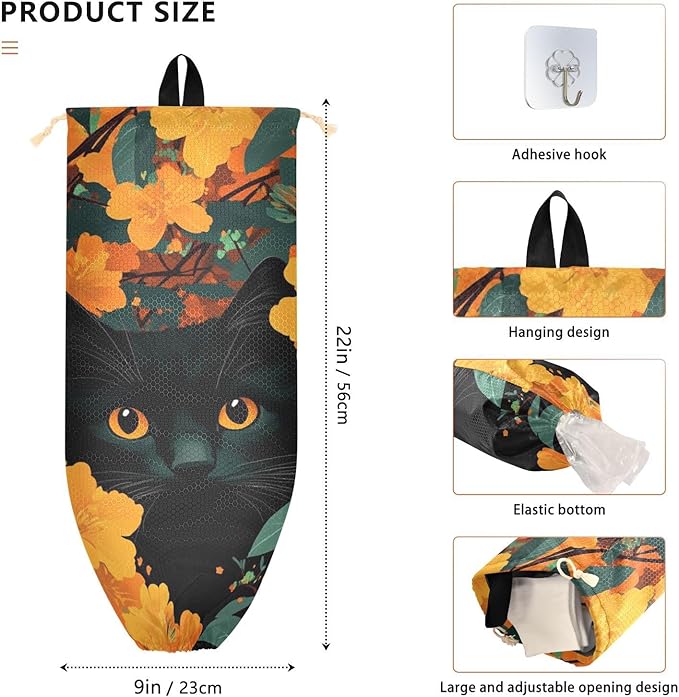 Plastic Bag Holder Wall Mount Grocery Bag Shopping Bag Storage Holder Organizer Dispenser with Adhesive Hook,for Kitchen Bathroom Home Decor 9x22 Inches Cute Cat Flower18