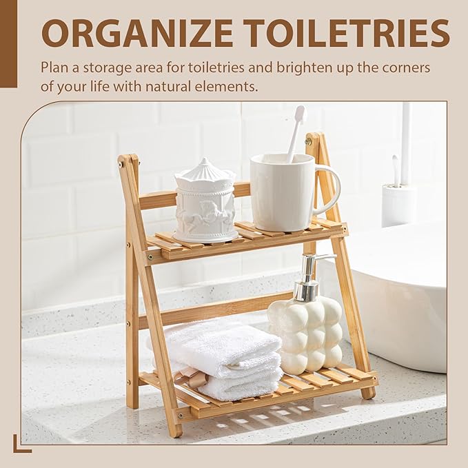 Matcha Station Shelf, 11.8'' Coffee Station Organizer, 2 Tiers Bamboo Mug Holder Countertop, Desktop Flower Pot Rack for Home Living Room Window Sill Foldable Display Storage Shelf(Wood)