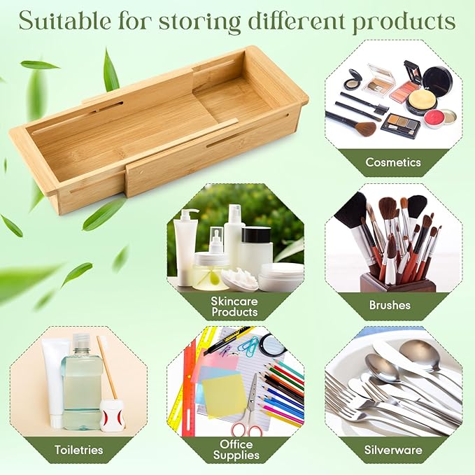 LemonRoad 1 Pcs Sliding Drawer Organizer Bin Bamboo Drawer Expandable Bins Utensil Organizer in Kitchen for Spoons Forks Knives