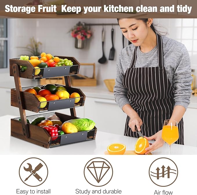 3 Tier Fruit Basket for Kitchen Counter Organizer with Banana Hangers Wooden Fruit Basket Kitchen Counter Storage Holder for Onion Potato Bread Vegetable Organize(11.7 x 12.5 x 15.7 Inches)