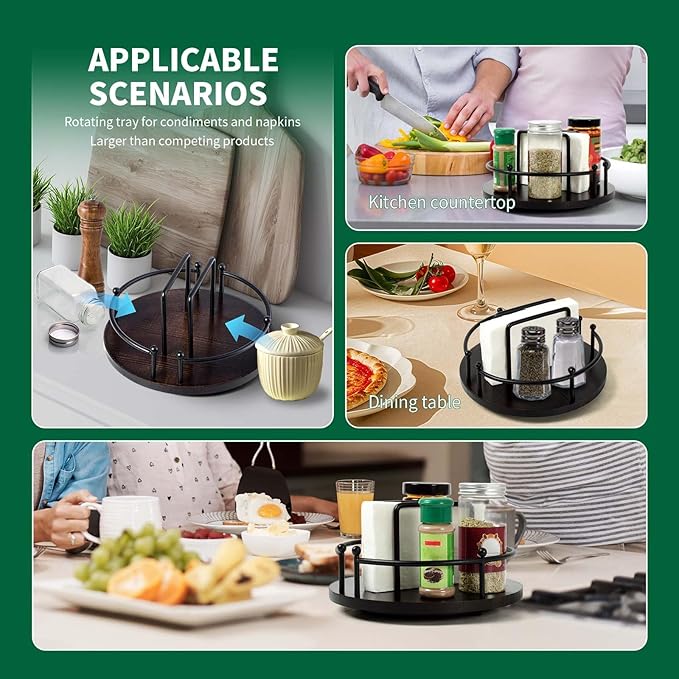 Napkin Holder for Table,360° Rotating Lazy Susan Turntable Organizer for Cabinet,9 inches Kitchen Table Decor&Counter Tray Can Hold Salt and Pepper Shakers (Dark brown)