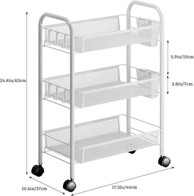 5-Tier Slim Rolling Cart with Wheels, Stackable Narrow Storage Trolley, Mesh Basket Kitchen Utility Cart, Fruit Vegetable Organiser for Pantry, Laundry, Bathroom, Easy Assembly Black 3-Layers