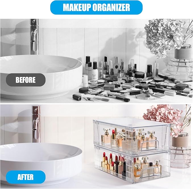2 Pack Stackable Storage Drawers,Plastic Organizers Bins, Drawers Storage with Handles and Movable Dividers for Organization and Storage in Fridge,Bathroom, Pantry, Kitchen Cabinets, Under Sink