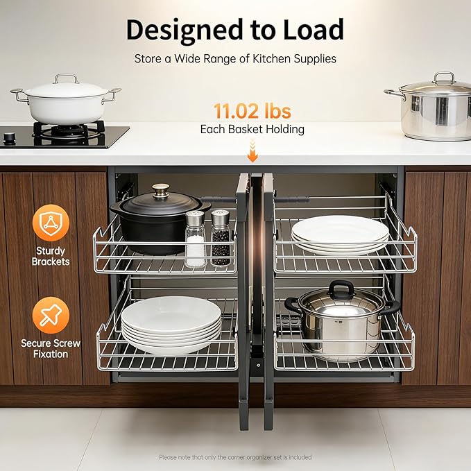 Blind Corner Pull Out Organizer, 2-Tier Pull Basket Corners Cabinet with 4 Storage Baskets, Pull-Out Basket Blind Corner Cabinet Storage Shelf for Home Kitchen