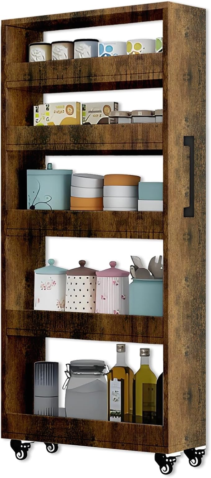 7-Tier Slim Rolling Storage Cart, Wooden Narrow Pantry Cabinet with Wheels, Tall Space-Saving Shelf Organizer for Kitchen, Laundry, Bathroom (Flamed Wood Color, 59" H*5.9" W*19.6" D)