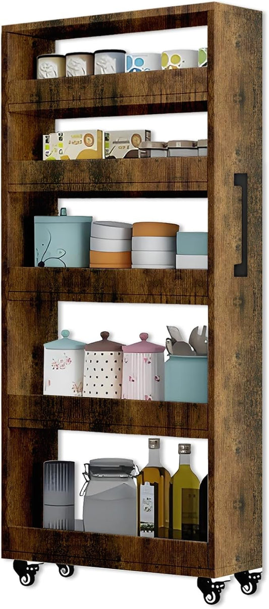 7-Tier Slim Rolling Storage Cart, Wooden Narrow Pantry Cabinet with Wheels, Tall Space-Saving Shelf Organizer for Kitchen, Laundry, Bathroom (Flamed Wood Color, 59" H*9.8" W*19.6" D)