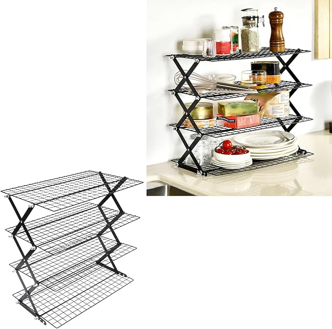 Foldable Countertop Storage Rack, Multi Tires Stainless Steel Space Saving Shelf Collapsible Stackable Organizer with Mesh Design for Drying Food Seasoning (4 Layers)