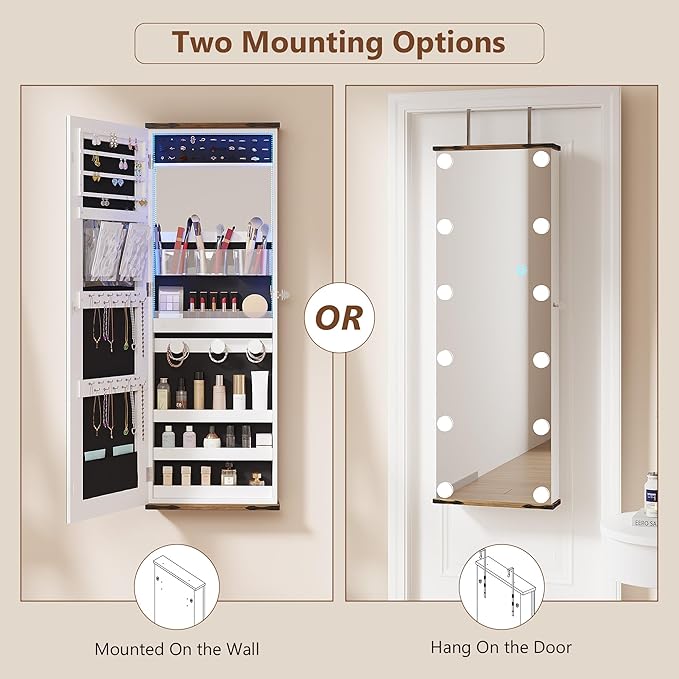 Over the Door Jewelry Organizer, 12 Hollywood Bulbs Hanging Jewelry Armoire with Full Length Mirror, 43.5" Lockable Large Storage Jewelry Cabinet for Girls/Women, (Wood grain white)