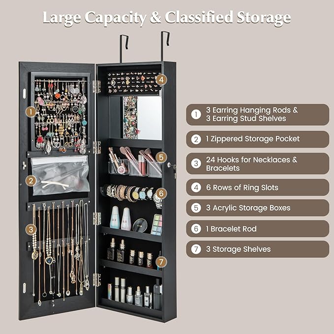 NAFORT LED Mirror Jewelry Armoire, Full Length Mirror with Storage Box, Wall or Door Mounted Organizer Cabinet, Lockable Over the Door Jewelry Storage, Black